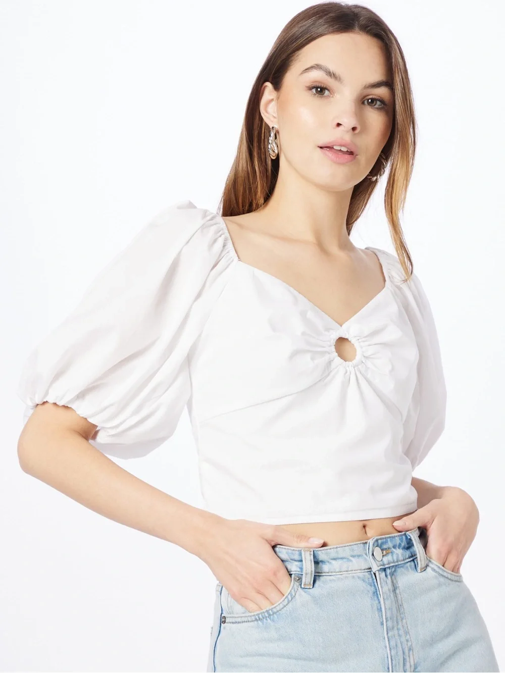 Abercrombie & Fitch White Poplin Puff Sleeve O Ring Ruched Cutout Crop Top M